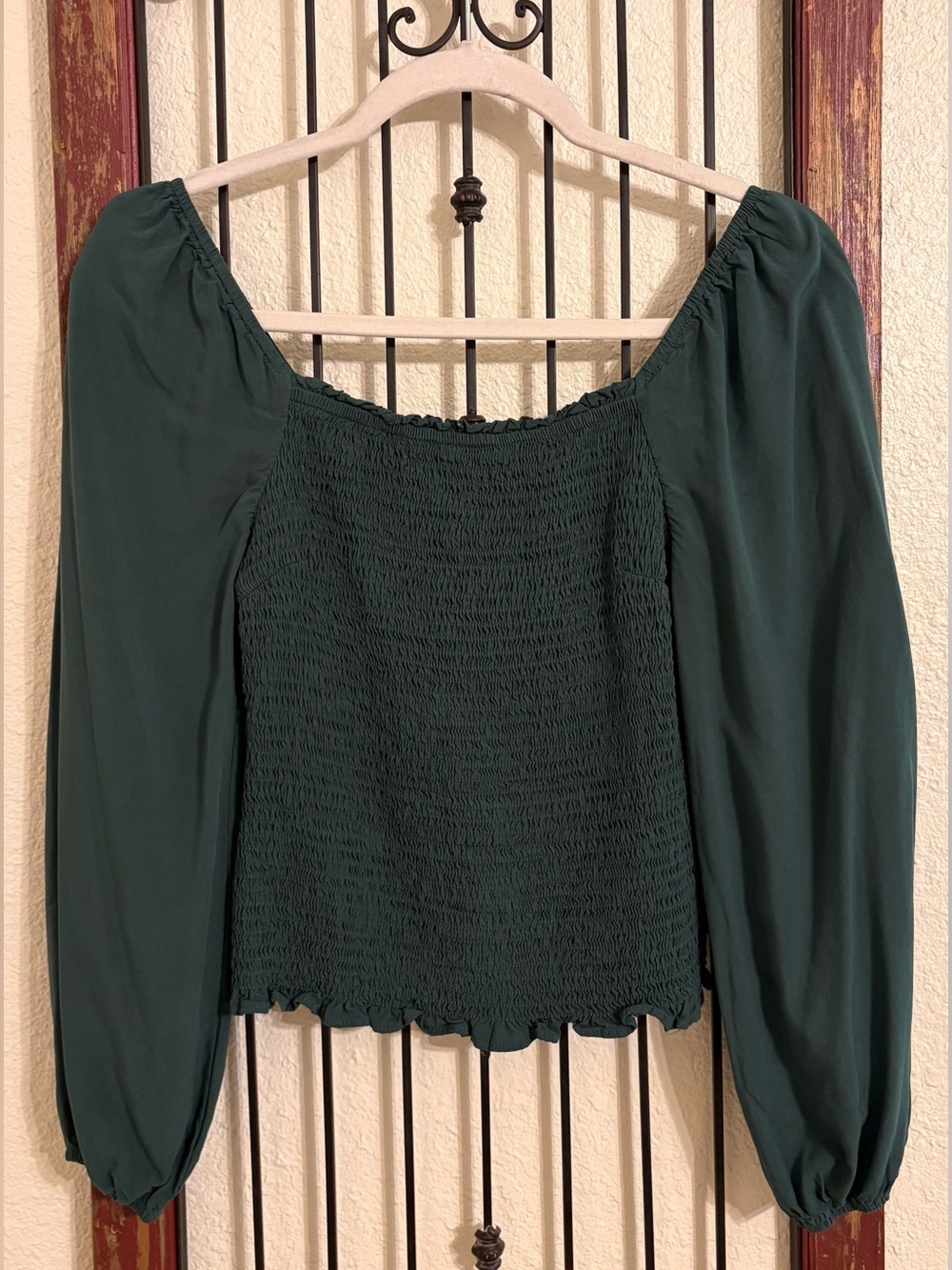 Emerald Green Women’s Smocked Off-Shoulder Top in Dark Green